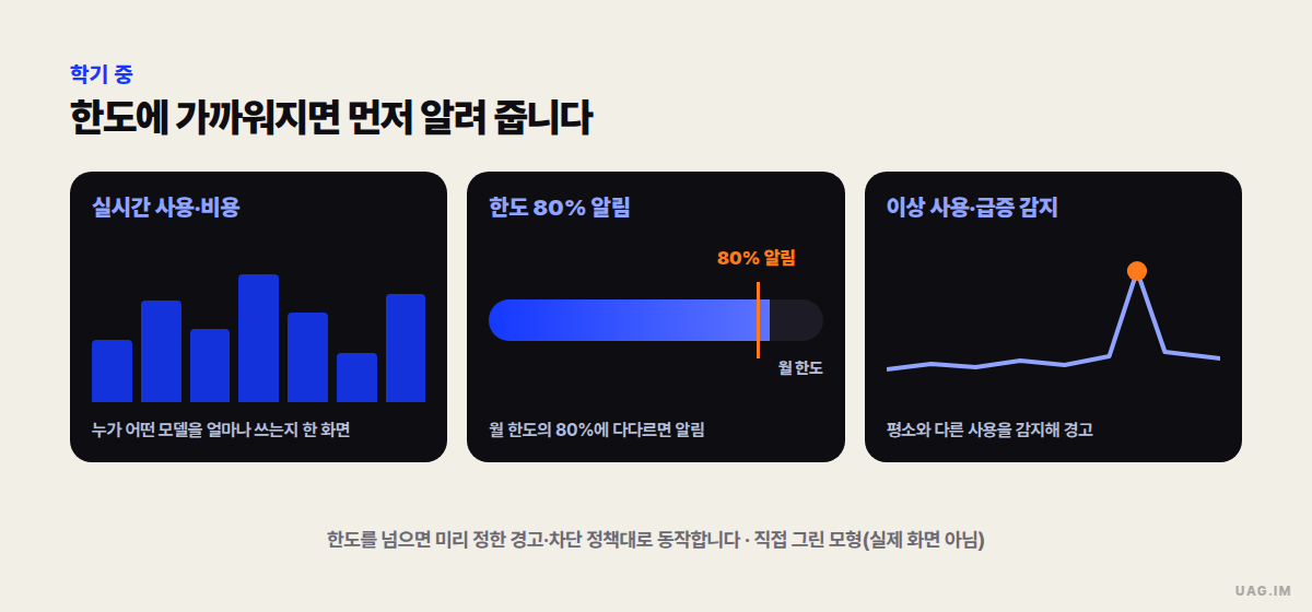 학기 중 실시간 관제 — 직접 그린 관제 패널 모형. 실시간 사용·비용 막대, 80% 지점에 알림 표시가 있는 한도 게이지, 갑자기 솟은 선에 경고 표시가 붙은 이상 사용 감지 그래프 세 칸이 나란히 있고, 아래에 한도를 넘으면 미리 정한 경고·차단 정책대로 동작한다는 문장과 직접 그린 모형이라는 표기가 있음(실제 화면 아님)
